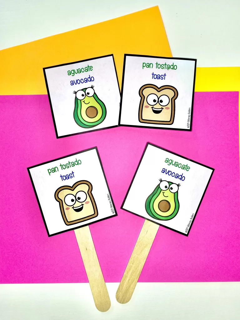 bilingual partner pairing cards - biliteracy builders membership avocado toast spanish english