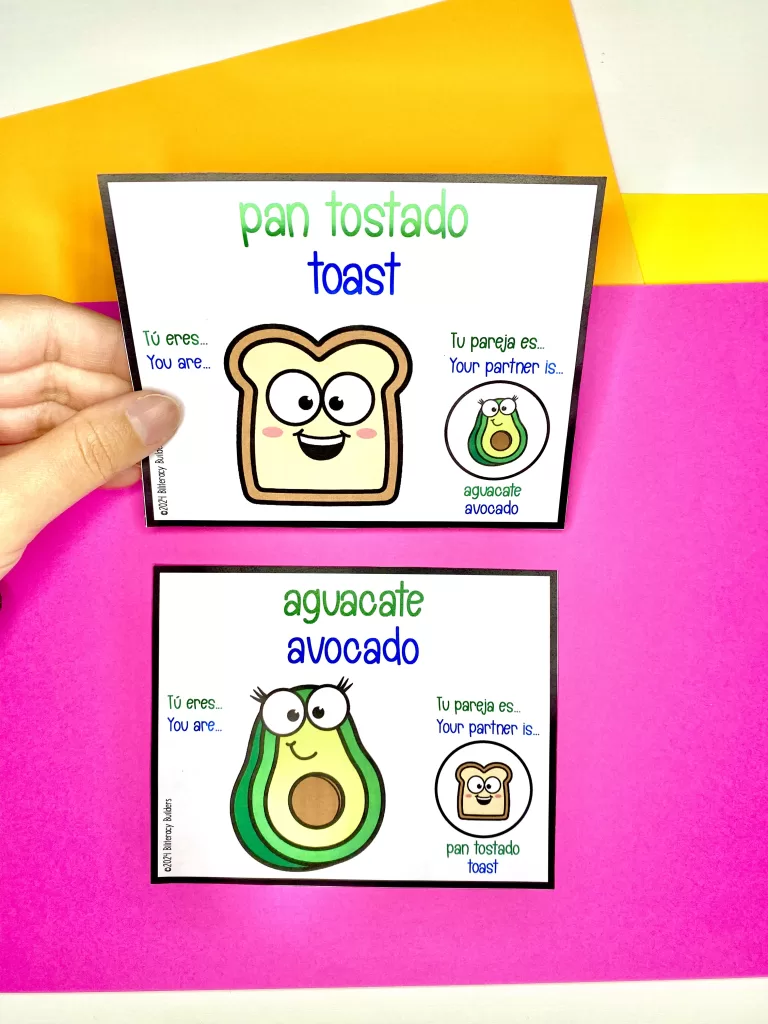 bilingual partner pairing cards - biliteracy builders membership avocado toast spanish english