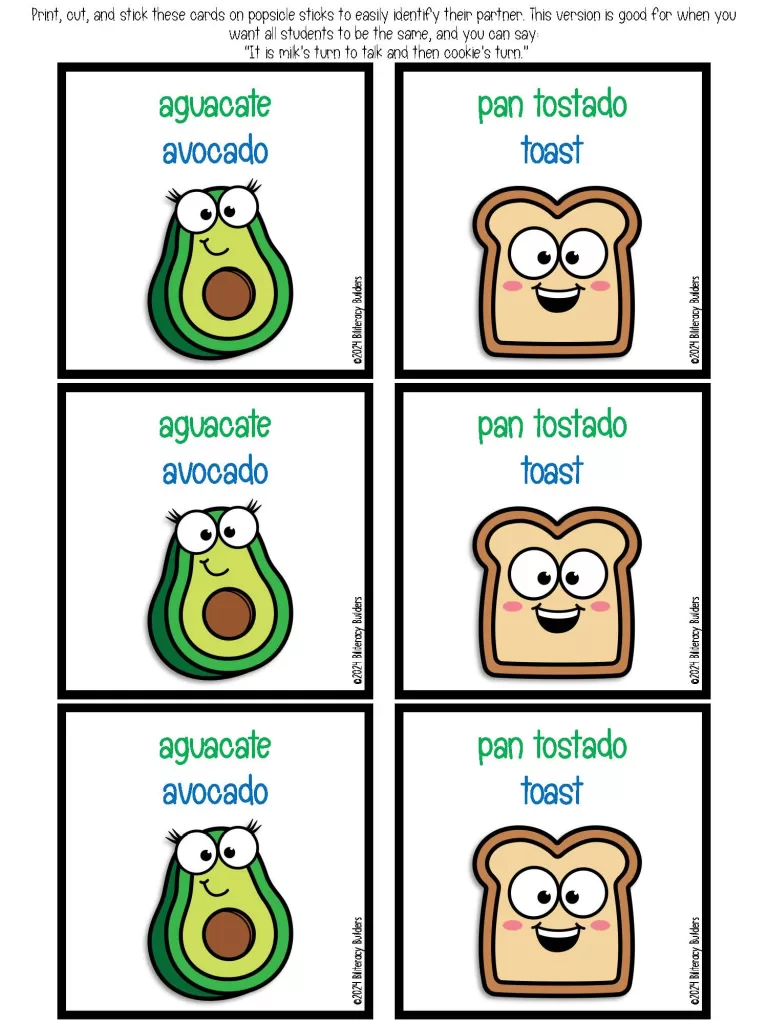 bilingual partner pairing cards - biliteracy builders membership avocado toast spanish english