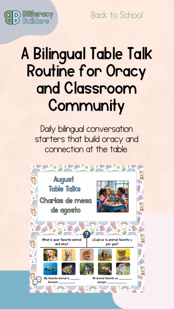 bilingual table talk routine, classroom community, bilingual conversation starters that build oracy and connection